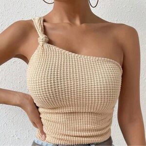 Solid One Shoulder Waffle Knit Knot Detail Ruched Side Top